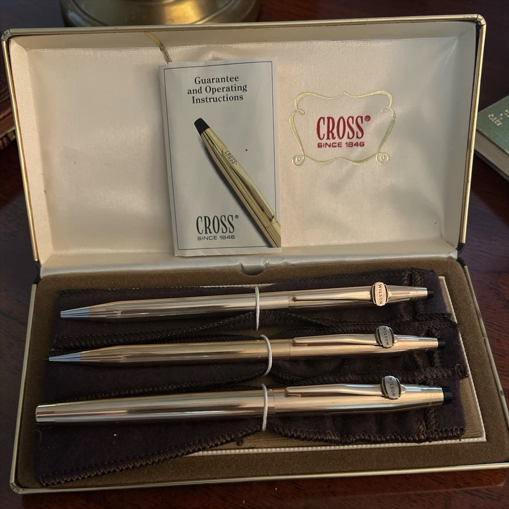 Cross 3 Pc 1/20 14K Gold Filled Pen Pencil Fountain Set Box Engraved Wilson